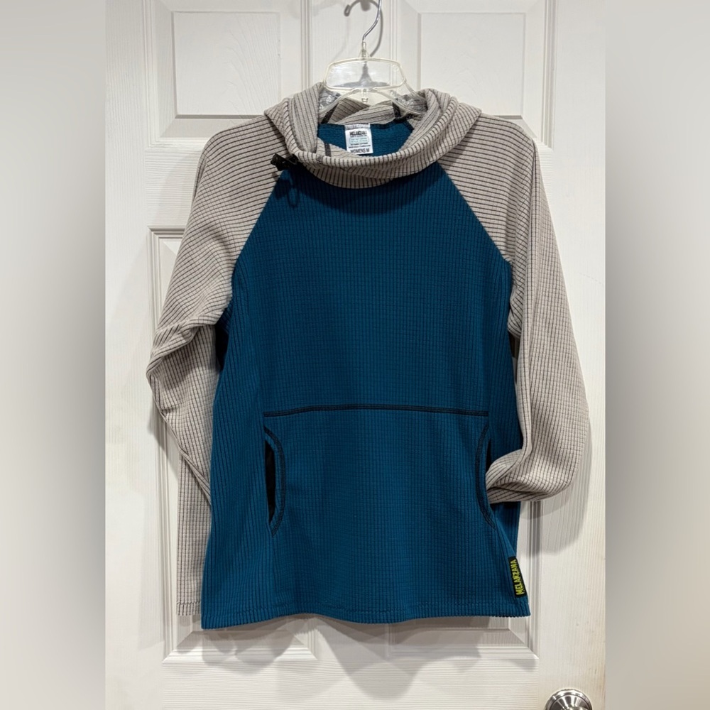 Melanzana Women’s Medium Micro Grid Hoodie Teal and Grey Jacket EUC Microgrid